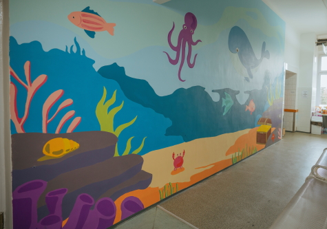 Photo of: PPG volunteers painted a mural representing marine life as part of a COLORFUL COMMUNITIES® project at the Bethesda Children’s Hospital in Budapest.