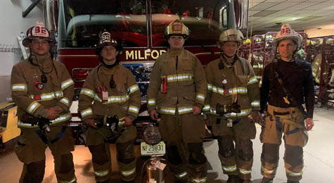 Milford Fire Company volunteer firefighters in Milford, NJ. From left to right, Andrew Cooper, Scott Phillips, Jack Phillips, Rick Aller, and Ryan Osborne.