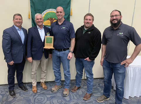 Mayor Rick West and Enviva’s Chris Brown, Rhandy McGlothlin, Justin Milteer, and Calvin Redman celebrate local award. (Photo: Business Wire)