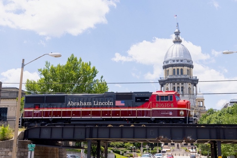 Union Pacific's No. 1616 Lincoln Locomotive, with the Illinois State Capitol in the background.